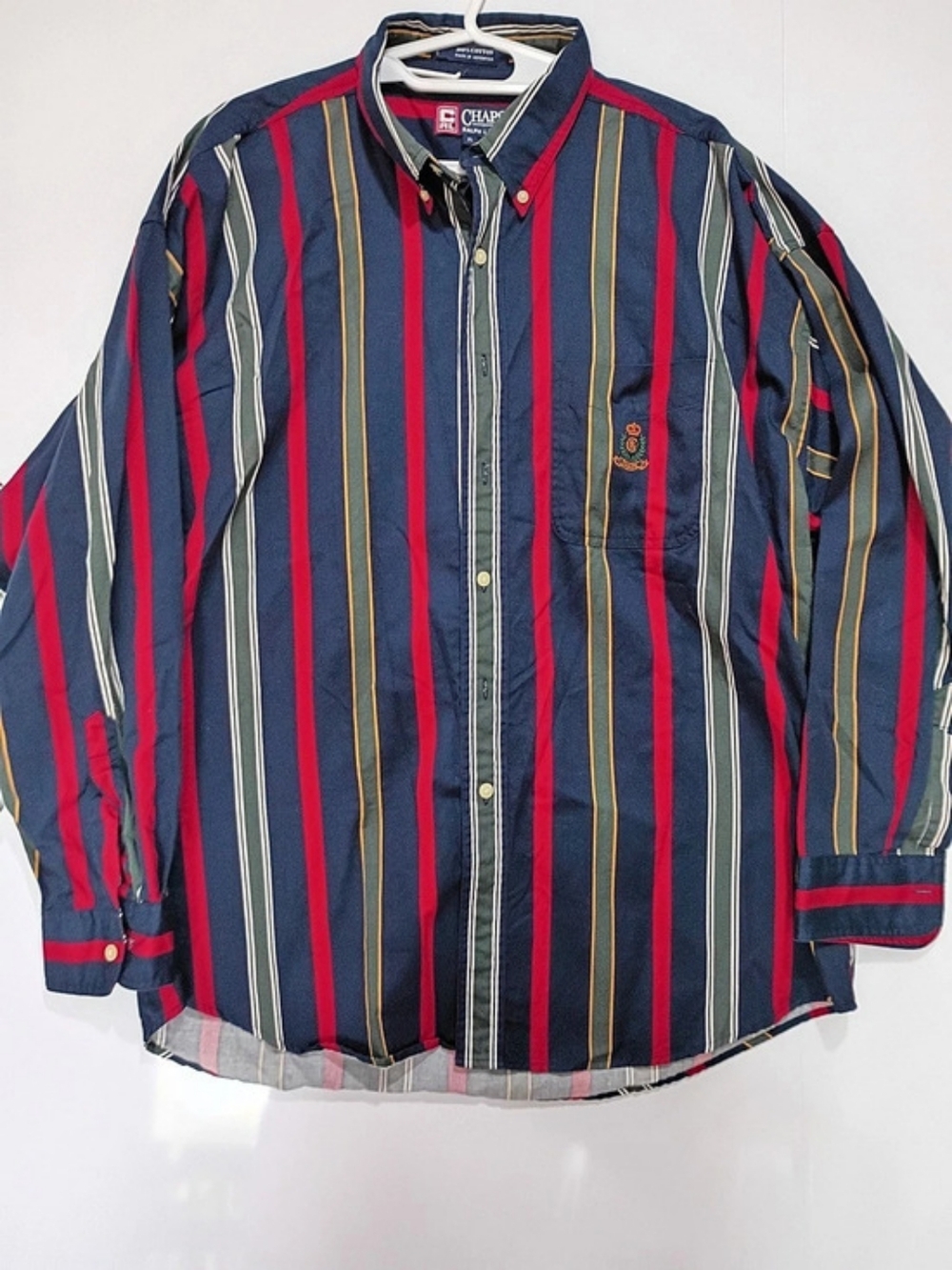 Vintage Chaps Ralph Lauren Striped Cotton Button Down in Blue, Green & Red XL